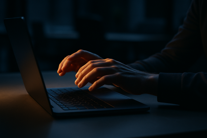 Person's hands hovering cautiously over a laptop keyboard in a dimly lit office