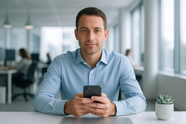 Business professional sitting at a minimalist desk holding a smartphone in a modern open-plan office