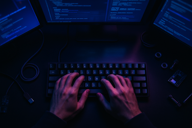 Developer hands typing on a keyboard in a dark workspace lit by blue monitor glow