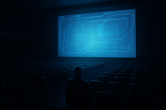 Person sitting alone in a large darkened auditorium watching a glowing presentation screen surrounded by empty seats