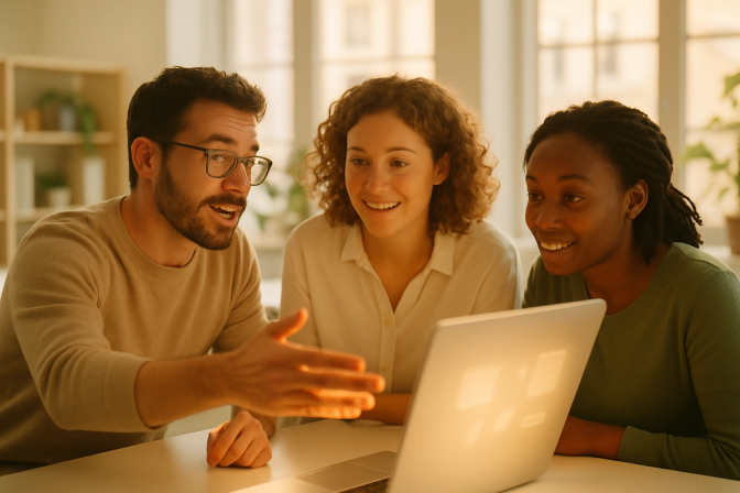 Three colleagues gathered around a shared monitor, one person gesturing toward the screen while others lean in attentively