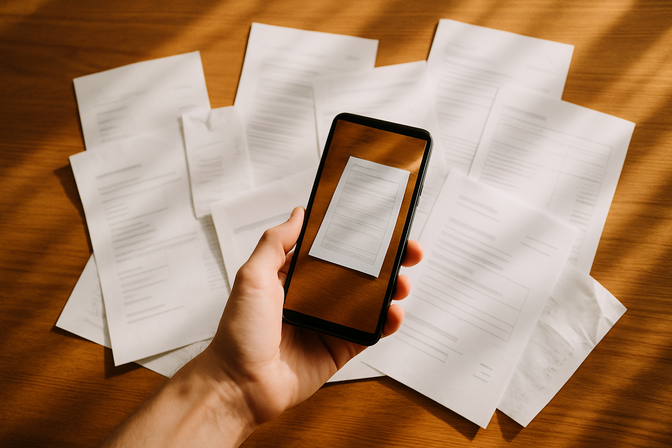 Hand holding a smartphone in scanning position over multiple paper receipts and documents spread on a wooden desk