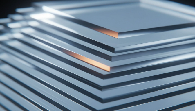 Stacked geometric glass prisms refracting layered blue and amber light in a macro studio photograph