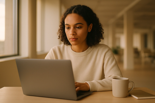 Person working calmly at a minimalist desk with an open laptop in a bright, airy workspace