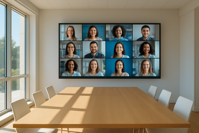 Large conference room screen displaying multiple sharp high-definition video call participant tiles