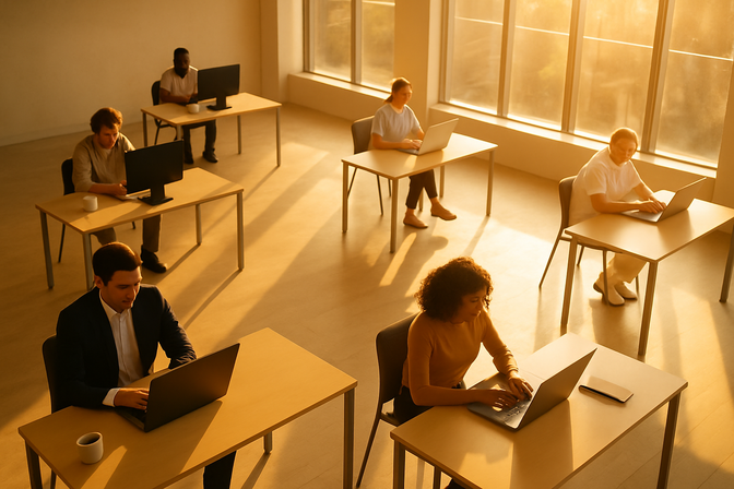 Diverse group of professionals working individually at desks in a bright modern open-plan office