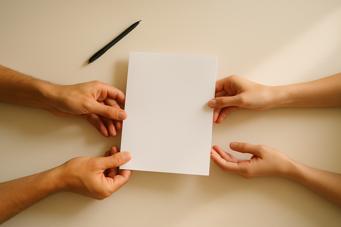 Two pairs of hands passing a printed document across a white desk with a pen nearby