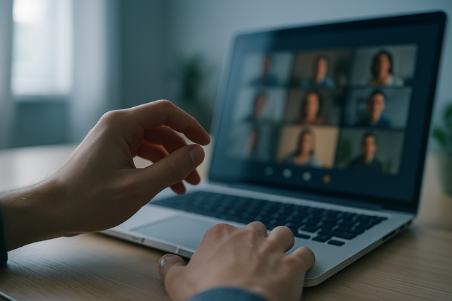 Person's hand hovering over a laptop keyboard with a blurred video call visible on screen in a home office