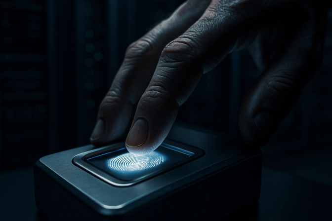 Hand pressing a fingerprint scanner in a data center environment