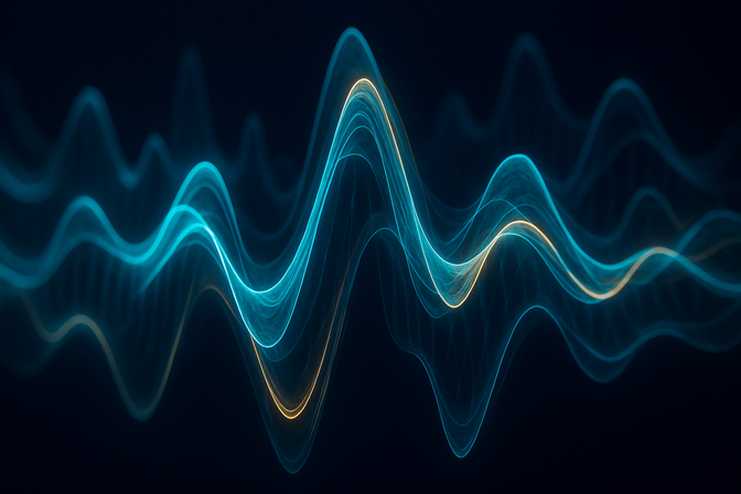 Abstract glowing sound wave visualizations in indigo and teal light forms floating in darkness