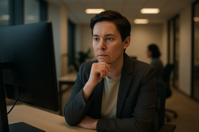 Business professional seated at a desk reviewing information on a monitor with focused, thoughtful expression