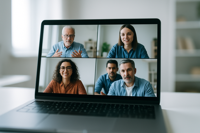 Laptop screen showing a grid of video call participants during a remote meeting