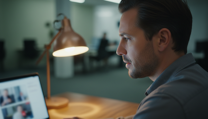 Person at a desk reacting with mild surprise to a laptop screen notification during a video call