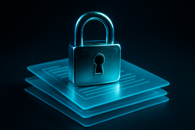 Glowing padlock resting on stacked translucent digital document layers against a dark background