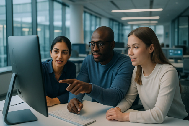 Diverse team of three professionals collaborating around a large monitor in a bright modern open-plan office