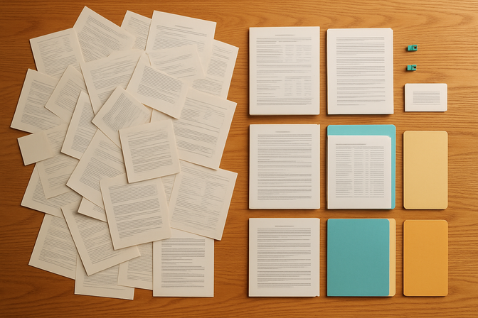 Desk viewed from above showing scattered papers on one side transitioning into neatly organized folders on the other side