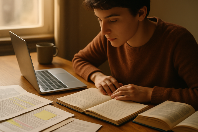 Student at a wooden desk surrounded by highlighted documents, an open notebook, and a laptop while studying
