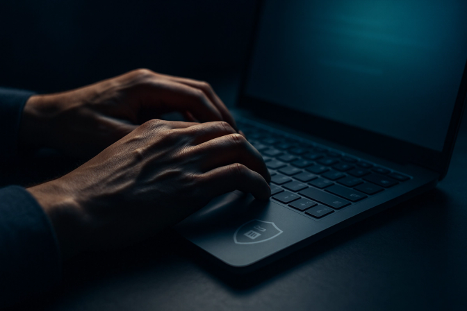 Person's hands on a laptop keyboard illuminated by a blue screen glow in a dark workspace