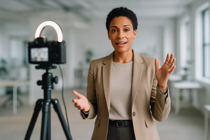 Professional standing in front of a camera on a tripod in a modern office, gesturing while recording a presentation
