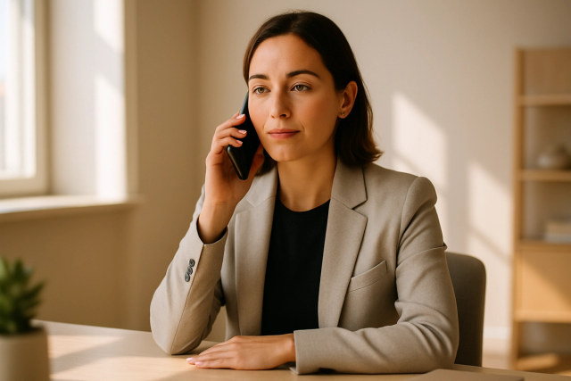 Professional person holding a smartphone to their ear while seated at a clean modern desk in a bright office