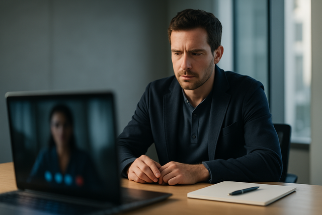 Professional sitting at a modern desk taking notes while participating in a video meeting on a laptop