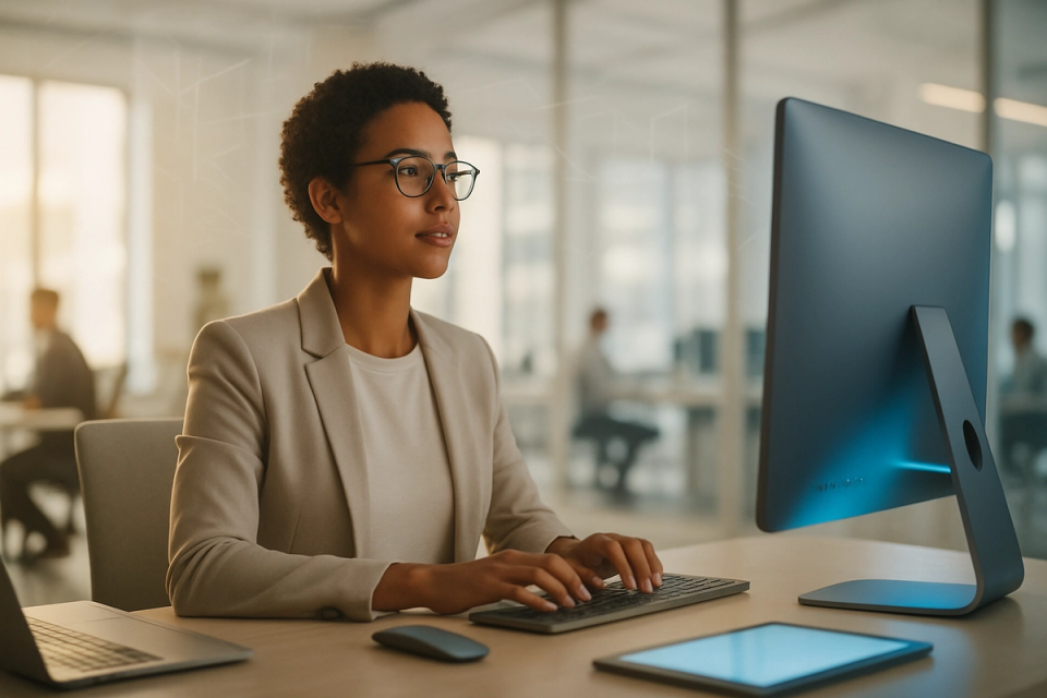 Professional working at a modern desk in a bright office with soft blue ambient lighting from screens