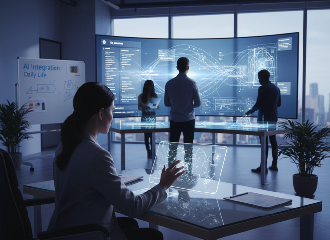 Ansatte jobber med AI-integrasjon på digitale flater i et moderne møterom med storskjerm