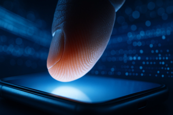Fingertip hovering above a glowing smartphone screen with blurred blue light streaks in the background