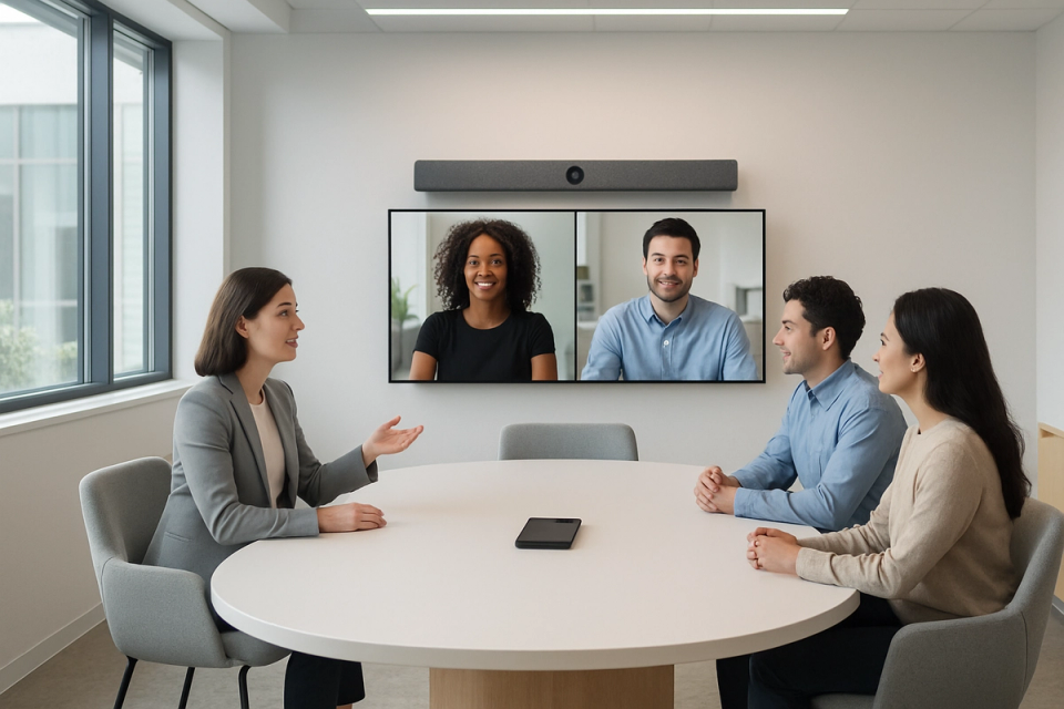 Professionals in a modern conference room conducting a hybrid video meeting with remote participants on screen