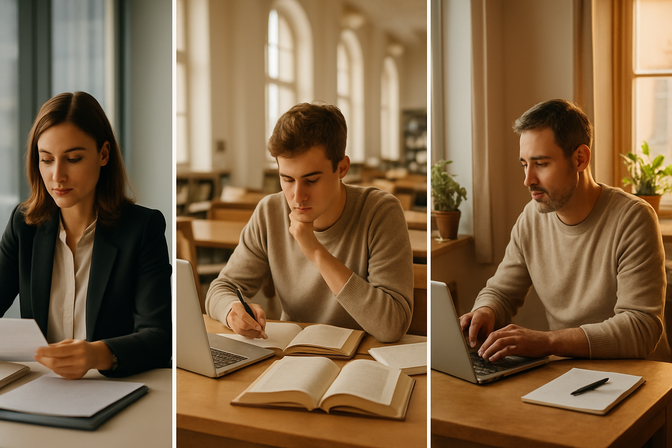 Three professionals working independently in a corporate office, university library, and home workspace
