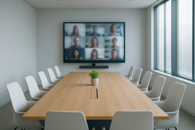 Modern minimalist conference room with a large video call display screen and floor-to-ceiling windows
