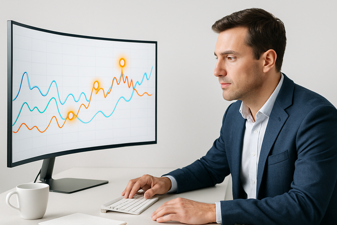 Business professional studying a monitor displaying time-series charts with highlighted anomaly points