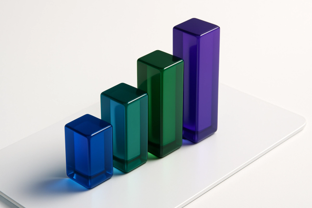 Glossy 3D bar chart with blue, green, and purple bars floating above a clean white surface