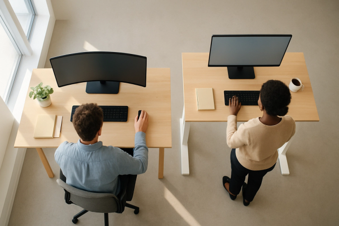 Two colleagues working independently at separate desks in a modern open-plan office, viewed from above