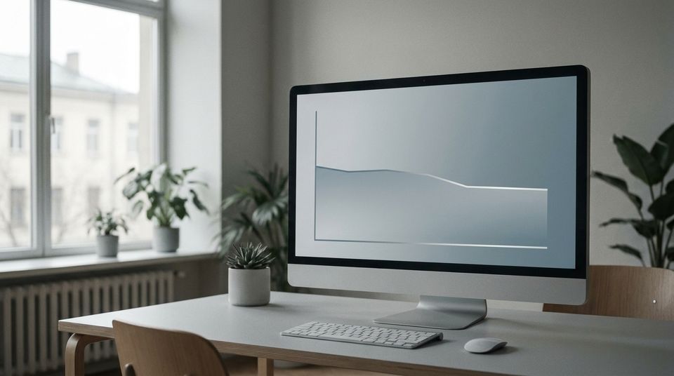 Abstrakt dashbord på en laptopskjerm som viser en flat kostnadskurve i dempede blågrå toner — symboliserer kontroll og oppfølging av skykostnader