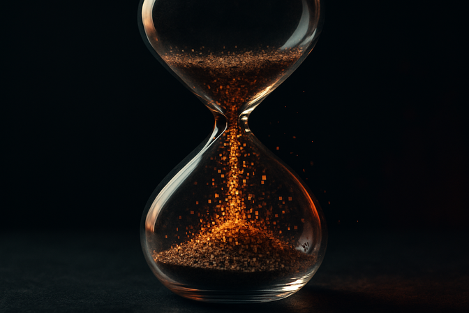 Hourglass with pixelated sand particles flowing through it against a dark background