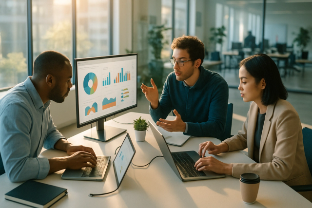 Three professionals collaborating around a shared desk with laptops and a large monitor in a bright modern office