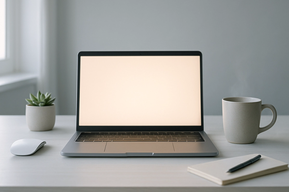 Clean minimal desk with open laptop, coffee mug, and natural light from a window