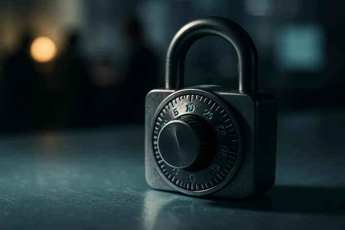 Close-up of a combination lock on frosted glass with blurred office background