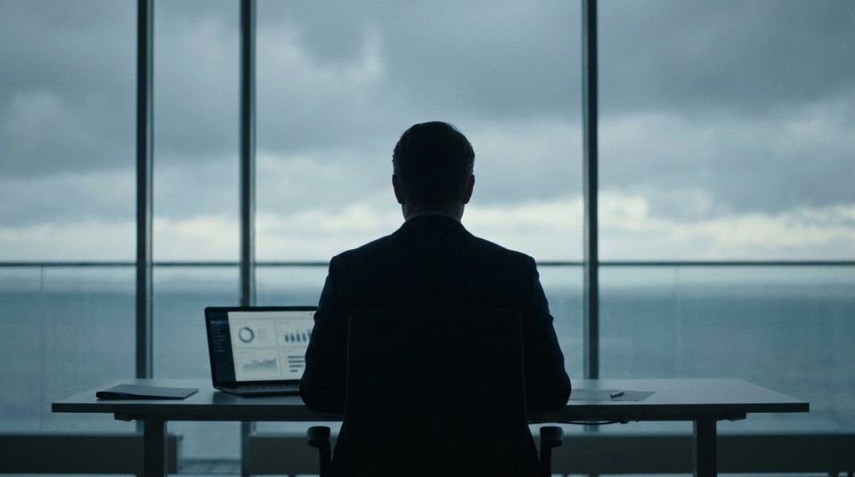 Bedriftsleder i silhuett ved et skrivebord ser ettertenksomt ut mot et gråblått skydekke, med en laptop som viser dempede dashbord-grafikker