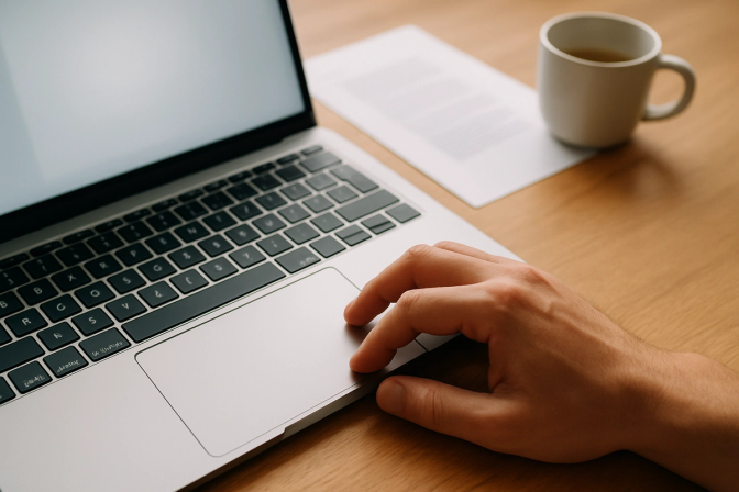 Person's hand clicking a laptop trackpad on a wooden desk with a printed document and coffee cup nearby