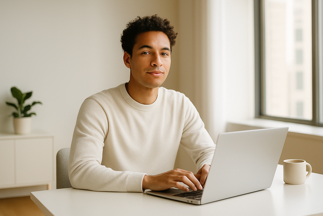 Small business professional sitting confidently at a minimalist desk with an open laptop in a bright, airy office