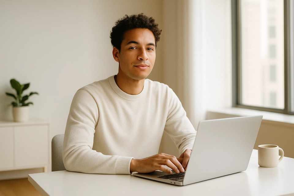 Small business professional sitting confidently at a minimalist desk with an open laptop in a bright, airy office