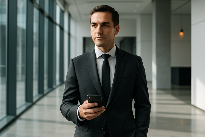 Business professional in a charcoal suit holding a smartphone in a modern corporate office lobby
