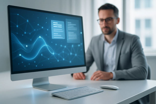 Professional working at a modern desk with glowing screens displaying abstract data interfaces