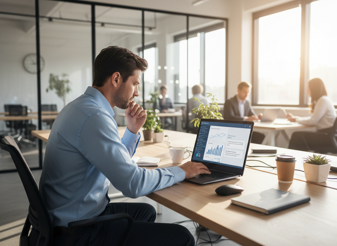 Ansatt bruker AI-verktøy til dataanalyse på laptop i åpent kontorlandskap med kolleger i bakgrunnen