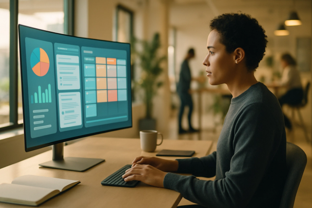 Professional working at a modern desk with a large monitor displaying colorful dashboards in an open-plan office