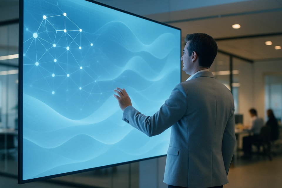 Professional interacting with a large glowing AI interface screen in a modern minimalist office