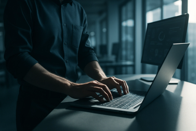 Person's hands typing on a laptop at a standing desk in a modern office