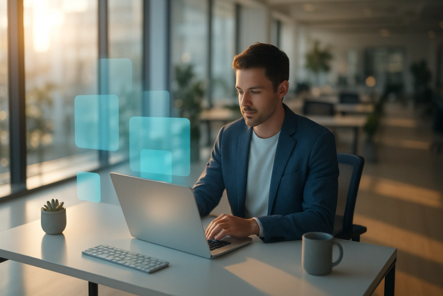 Professional working at a minimalist desk with a laptop in a bright modern open-plan office